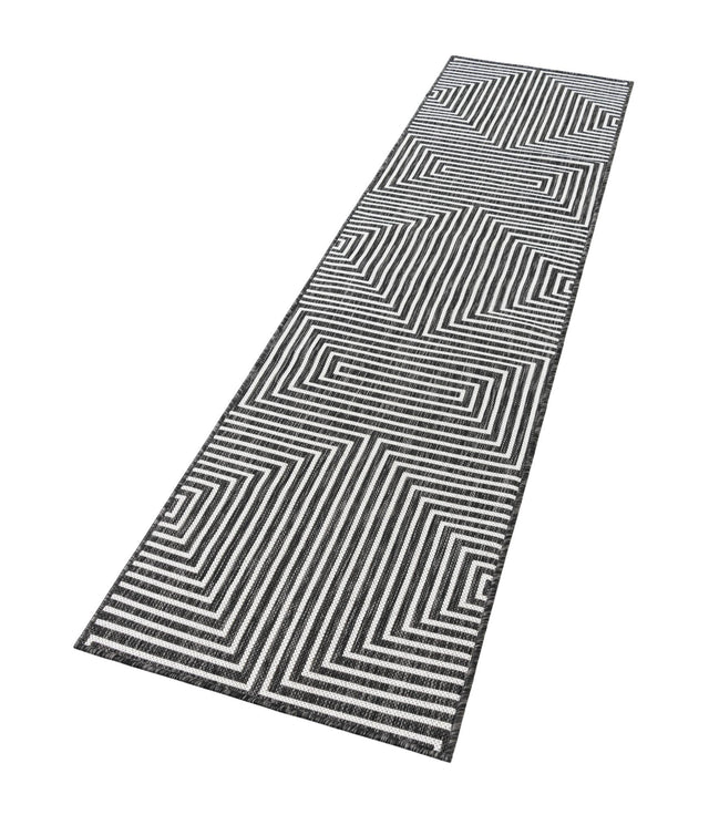 Black and White 2' x 8' Outdoor Modern Runner Area Rug Weather Resistant for Patio, Deck, Terrace, Balcony, Porch 100% Polypropylene Modern Outside Carpet for Sale at Rug Engine