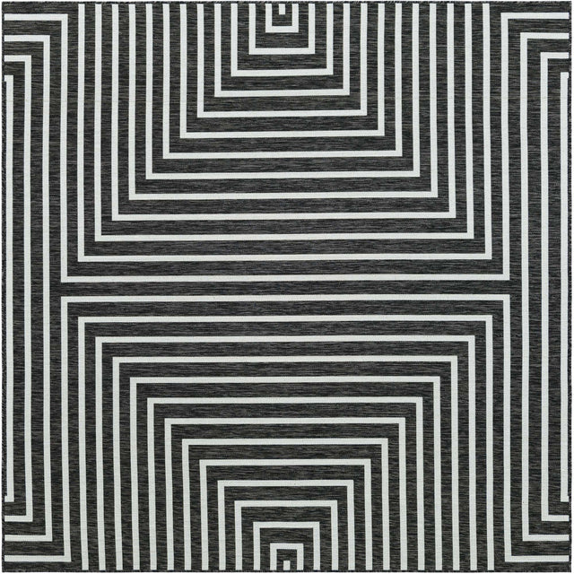 Black and White 7' 10 x 7' 10 Outdoor Modern Square Area Rug Weather Resistant for Patio, Deck, Terrace, Balcony, Porch 100% Polypropylene Modern Outside Carpet for Sale at Rug Engine