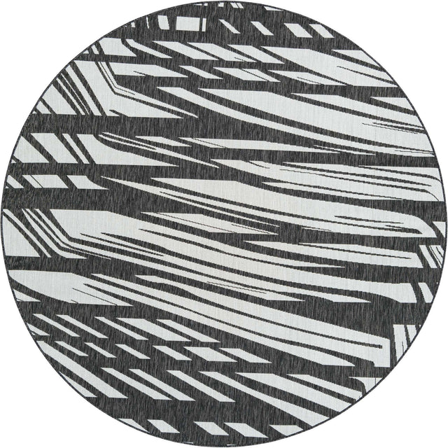 Black and White 7' 10 x 7' 10 Outdoor Modern Round Area Rug Weather Resistant for Patio, Deck, Terrace, Balcony, Porch 100% Polypropylene Modern Outside Carpet for Sale at Rug Engine