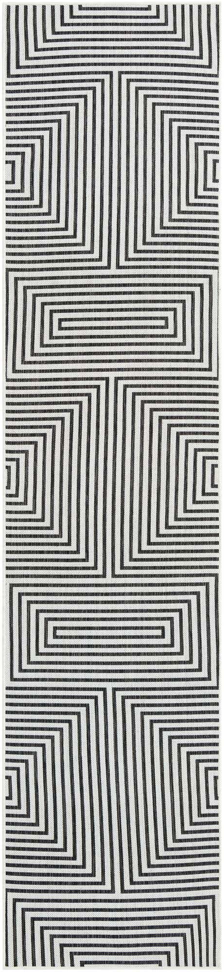 White and Black 2' 7 x 12' Outdoor Modern Runner Area Rug Weather Resistant for Patio, Deck, Terrace, Balcony, Porch 100% Polypropylene Modern Outside Carpet for Sale at Rug Engine