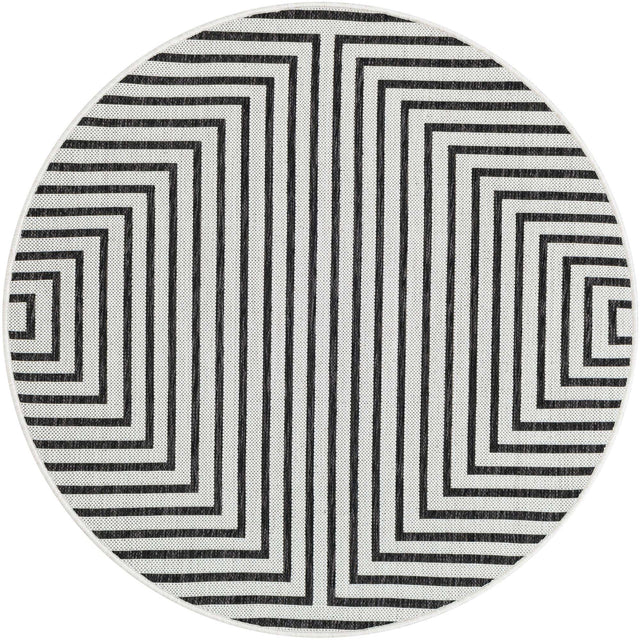 White and Black 4' 1 x 4' 1 Outdoor Modern Round Area Rug Weather Resistant for Patio, Deck, Terrace, Balcony, Porch 100% Polypropylene Modern Outside Carpet for Sale at Rug Engine
