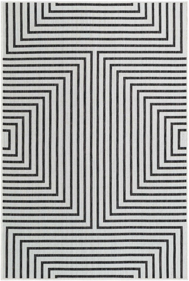 White and Black 4' 1 x 6' 1 Outdoor Modern Rectangle Area Rug Weather Resistant for Patio, Deck, Terrace, Balcony, Porch 100% Polypropylene Modern Outside Carpet for Sale at Rug Engine