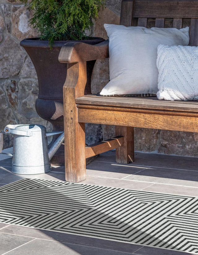 White and Black 2' x 5' 3 Outdoor Modern Runner Area Rug Weather Resistant for Patio, Deck, Terrace, Balcony, Porch 100% Polypropylene Modern Outside Carpet for Sale at Rug Engine