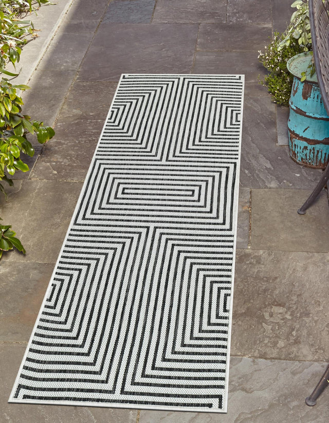 White and Black 2' x 5' 3 Outdoor Modern Runner Area Rug Weather Resistant for Patio, Deck, Terrace, Balcony, Porch 100% Polypropylene Modern Outside Carpet for Sale at Rug Engine