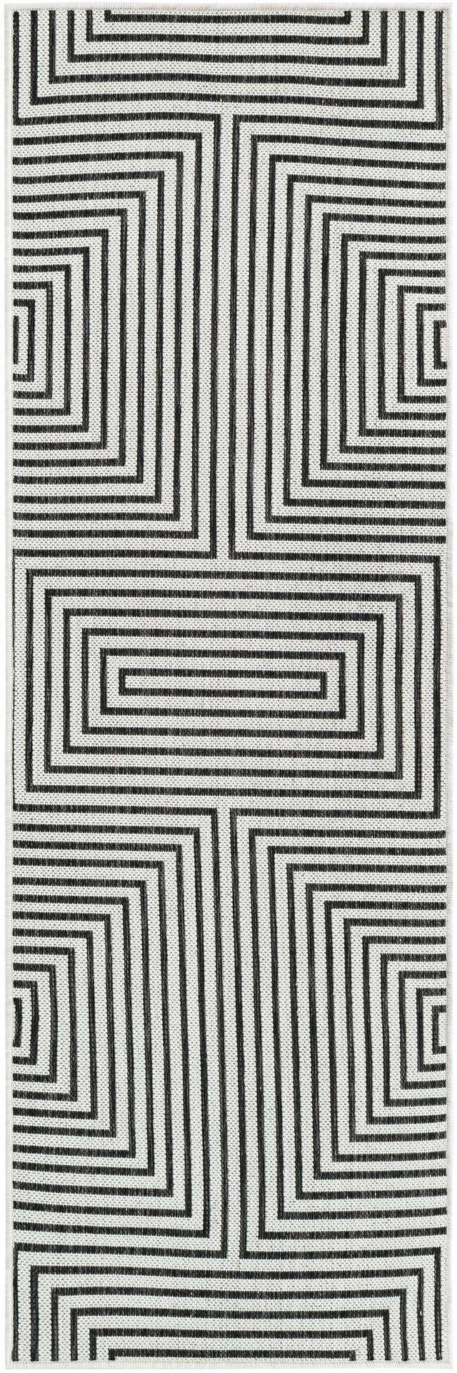White and Black 2' x 6' 1 Outdoor Modern Runner Area Rug Weather Resistant for Patio, Deck, Terrace, Balcony, Porch 100% Polypropylene Modern Outside Carpet for Sale at Rug Engine