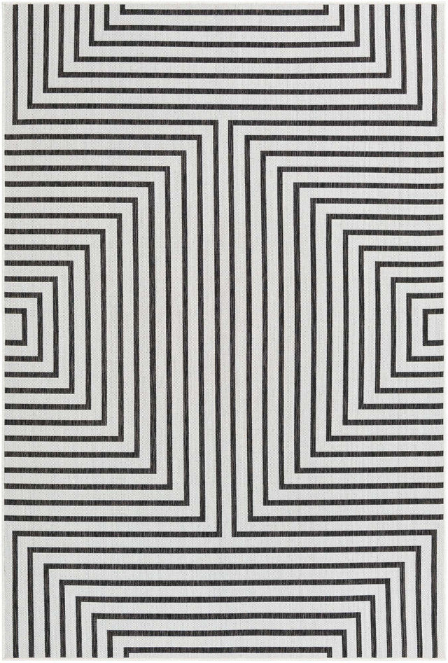 White and Black 6' 1 x 9' Outdoor Modern Rectangle Area Rug Weather Resistant for Patio, Deck, Terrace, Balcony, Porch 100% Polypropylene Modern Outside Carpet for Sale at Rug Engine
