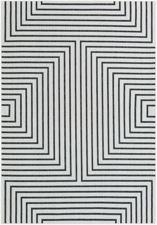 White and Black 7' 1 x 10' Outdoor Modern Rectangle Area Rug Weather Resistant for Patio, Deck, Terrace, Balcony, Porch 100% Polypropylene Modern Outside Carpet for Sale at Rug Engine