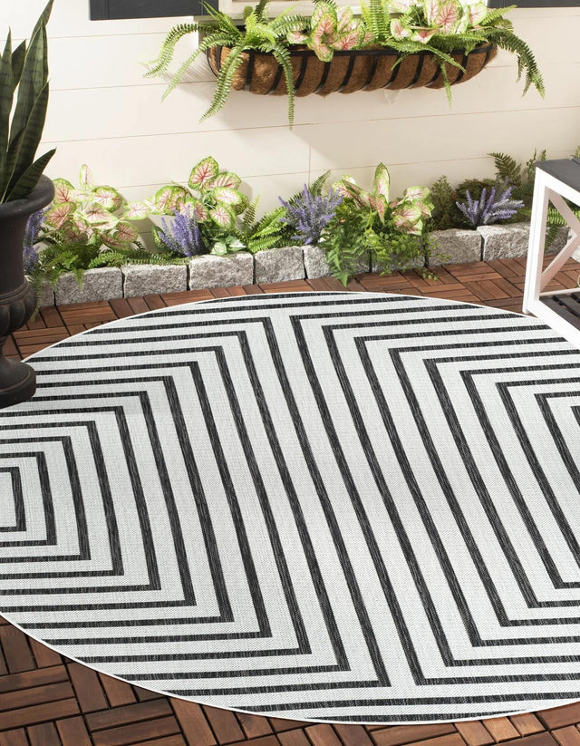 White and Black 10' x 10' Outdoor Modern Round Area Rug Weather Resistant for Patio, Deck, Terrace, Balcony, Porch 100% Polypropylene Modern Outside Carpet for Sale at Rug Engine