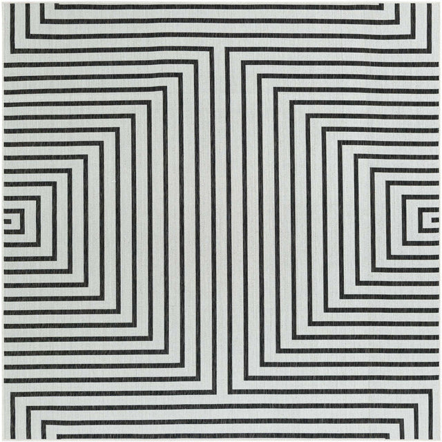 White and Black 7' 10 x 7' 10 Outdoor Modern Square Area Rug Weather Resistant for Patio, Deck, Terrace, Balcony, Porch 100% Polypropylene Modern Outside Carpet for Sale at Rug Engine