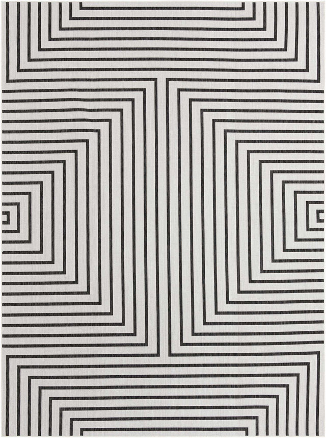 White and Black 9' x 12' Outdoor Modern Rectangle Area Rug Weather Resistant for Patio, Deck, Terrace, Balcony, Porch 100% Polypropylene Modern Outside Carpet for Sale at Rug Engine
