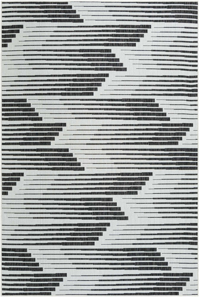 Black and White 6' 1 x 9' Outdoor Modern Rectangle Area Rug Weather Resistant for Patio, Deck, Terrace, Balcony, Porch 100% Polypropylene Modern Outside Carpet for Sale at Rug Engine