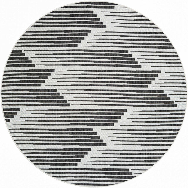 Black and White 7' 10 x 7' 10 Outdoor Modern Round Area Rug Weather Resistant for Patio, Deck, Terrace, Balcony, Porch 100% Polypropylene Modern Outside Carpet for Sale at Rug Engine