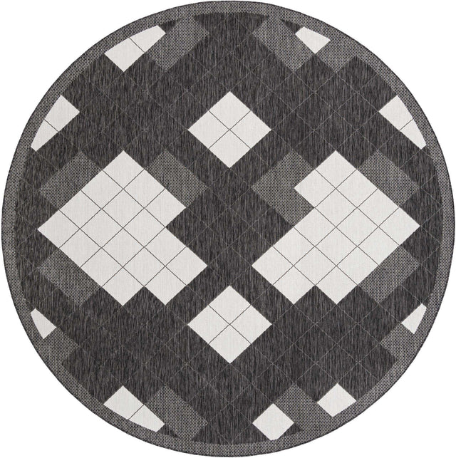 Black and White 10' x 10' Outdoor Modern Round Area Rug Weather Resistant for Patio, Deck, Terrace, Balcony, Porch 100% Polypropylene Modern Outside Carpet for Sale at Rug Engine