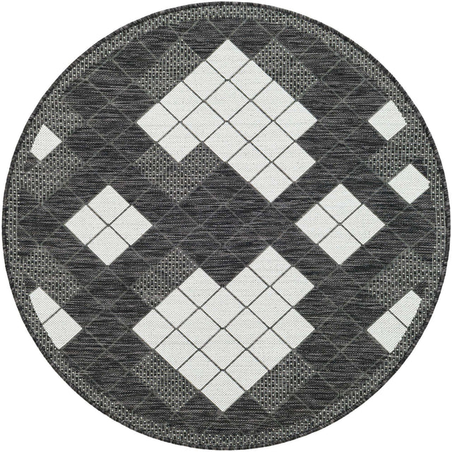 Black and White 3' 1 x 3' 1 Outdoor Modern Round Area Rug Weather Resistant for Patio, Deck, Terrace, Balcony, Porch 100% Polypropylene Modern Outside Carpet for Sale at Rug Engine