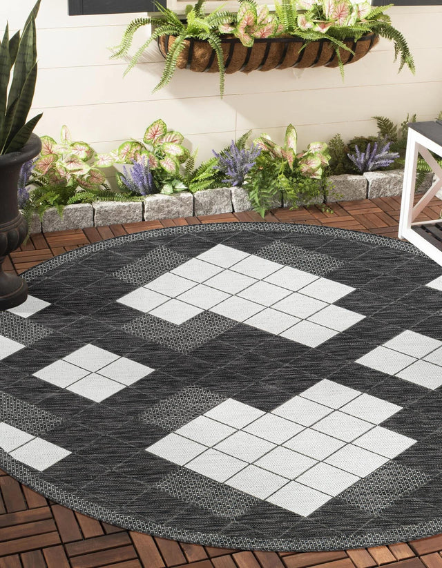 Black and White 12' x 12' Outdoor Modern Round Area Rug Weather Resistant for Patio, Deck, Terrace, Balcony, Porch 100% Polypropylene Modern Outside Carpet for Sale at Rug Engine