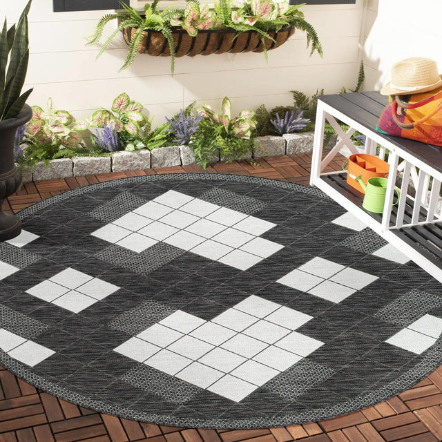 Black and White 7' 10 x 7' 10 Outdoor Modern Round Area Rug Weather Resistant for Patio, Deck, Terrace, Balcony, Porch 100% Polypropylene Modern Outside Carpet for Sale at Rug Engine