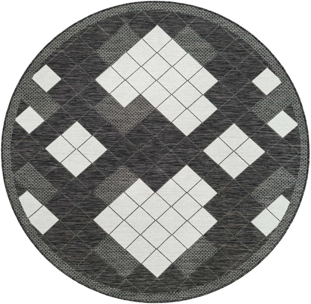 Black and White 6' 1 x 6' 1 Outdoor Modern Round Area Rug Weather Resistant for Patio, Deck, Terrace, Balcony, Porch 100% Polypropylene Modern Outside Carpet for Sale at Rug Engine