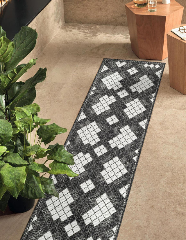 Black and White 2' 7 x 12' Outdoor Modern Runner Area Rug Weather Resistant for Patio, Deck, Terrace, Balcony, Porch 100% Polypropylene Modern Outside Carpet for Sale at Rug Engine