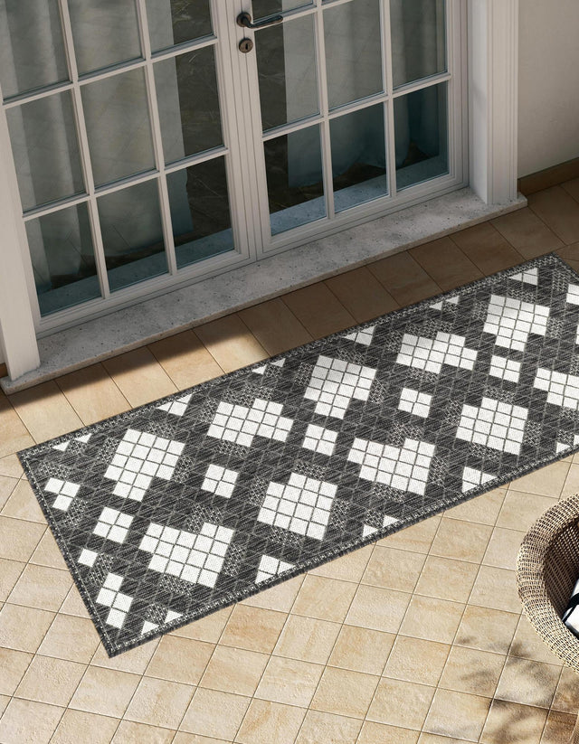 Black and White 2' x 6' 1 Outdoor Modern Runner Area Rug Weather Resistant for Patio, Deck, Terrace, Balcony, Porch 100% Polypropylene Modern Outside Carpet for Sale at Rug Engine