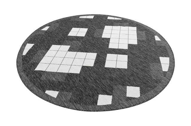 Black and White 7' 10 x 7' 10 Outdoor Modern Round Area Rug Weather Resistant for Patio, Deck, Terrace, Balcony, Porch 100% Polypropylene Modern Outside Carpet for Sale at Rug Engine