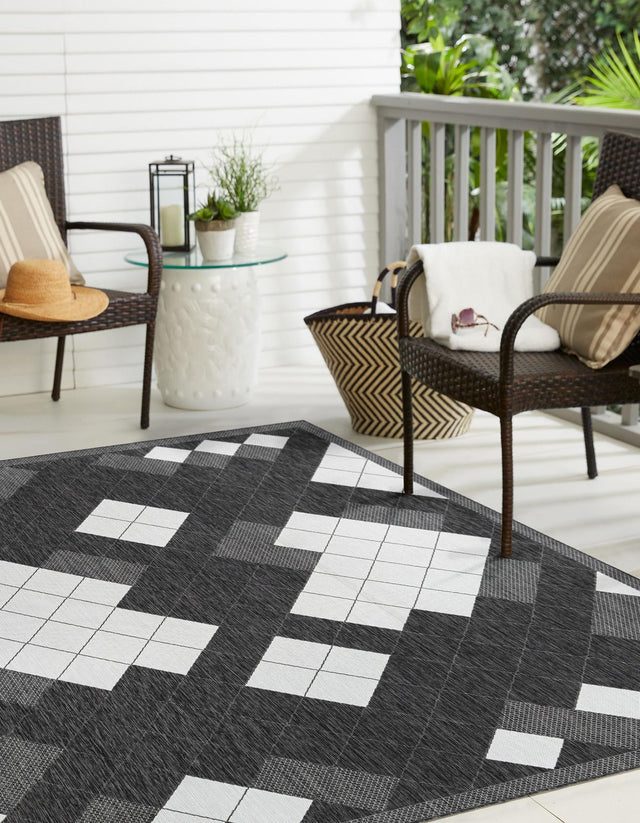 Black and White 7' 10 x 7' 10 Outdoor Modern Square Area Rug Weather Resistant for Patio, Deck, Terrace, Balcony, Porch 100% Polypropylene Modern Outside Carpet for Sale at Rug Engine