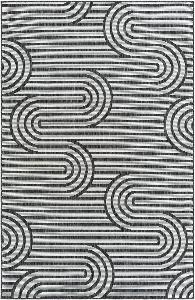 Black and White 5' 3 x 8' Outdoor Modern Rectangle Area Rug Weather Resistant for Patio, Deck, Terrace, Balcony, Porch 100% Polypropylene Modern Outside Carpet for Sale at Rug Engine