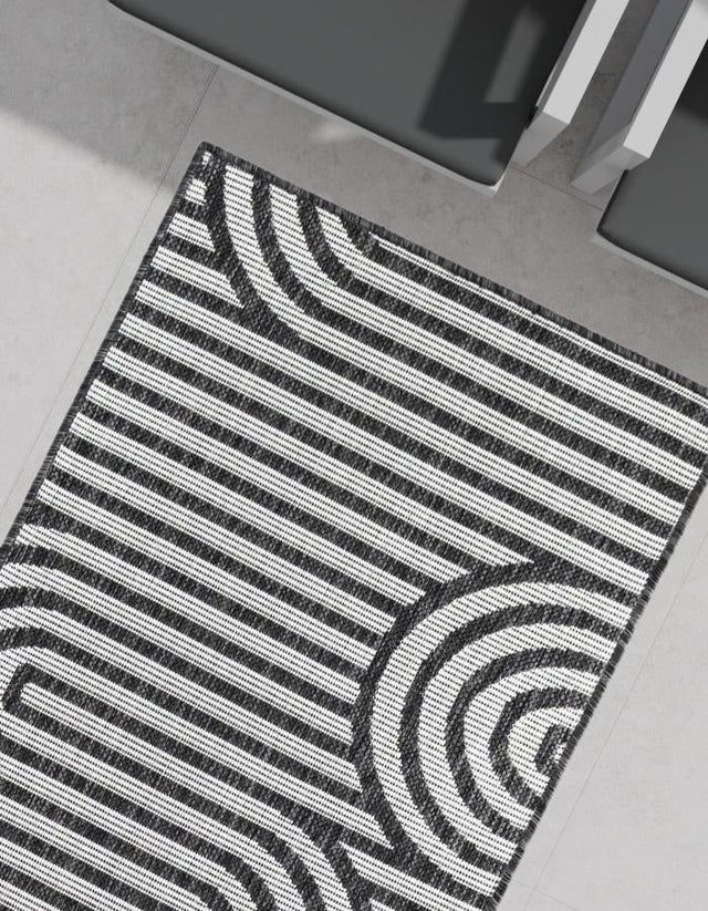 Black and White 2' x 5' 3 Outdoor Modern Runner Area Rug Weather Resistant for Patio, Deck, Terrace, Balcony, Porch 100% Polypropylene Modern Outside Carpet for Sale at Rug Engine