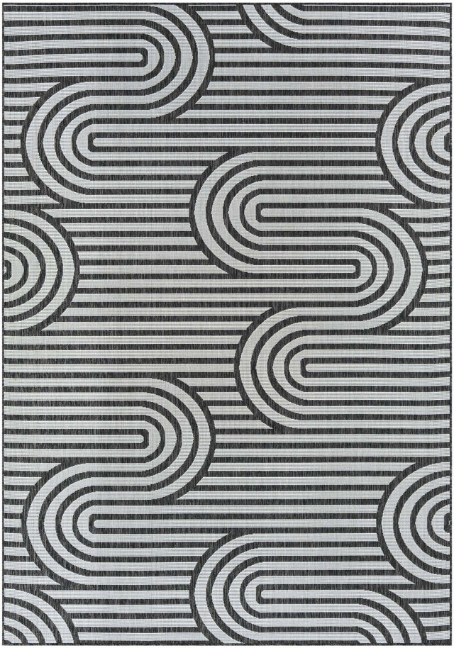 Black and White 7' 1 x 10' Outdoor Modern Rectangle Area Rug Weather Resistant for Patio, Deck, Terrace, Balcony, Porch 100% Polypropylene Modern Outside Carpet for Sale at Rug Engine