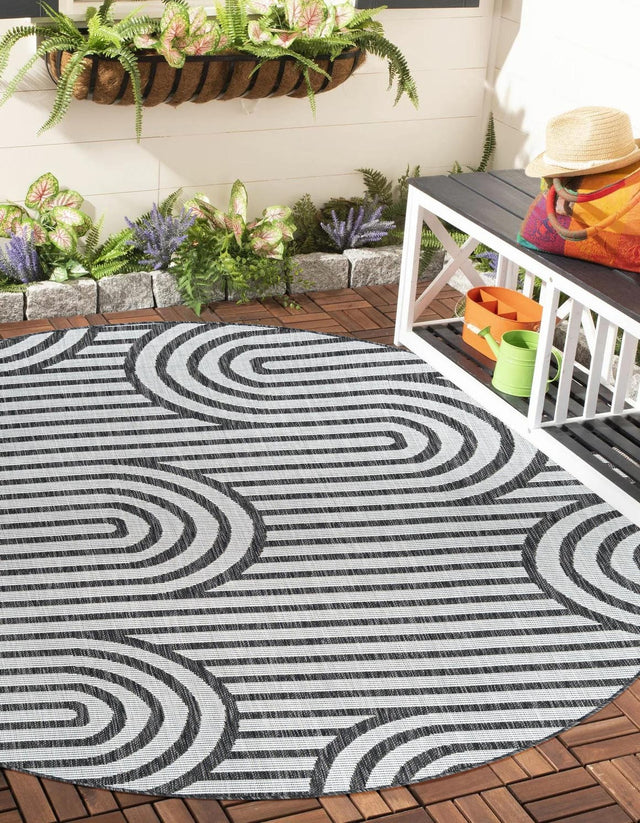 Black and White 3' 1 x 3' 1 Outdoor Modern Round Area Rug Weather Resistant for Patio, Deck, Terrace, Balcony, Porch 100% Polypropylene Modern Outside Carpet for Sale at Rug Engine