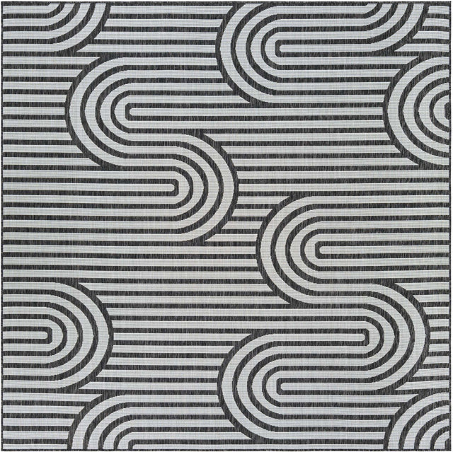 Black and White 7' 10 x 7' 10 Outdoor Modern Square Area Rug Weather Resistant for Patio, Deck, Terrace, Balcony, Porch 100% Polypropylene Modern Outside Carpet for Sale at Rug Engine