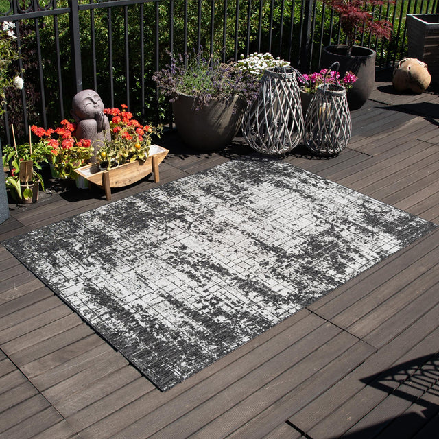 Black and White 9' x 12' Outdoor Modern Rectangle Area Rug Weather Resistant for Patio, Deck, Terrace, Balcony, Porch 100% Polypropylene Modern Outside Carpet for Sale at Rug Engine