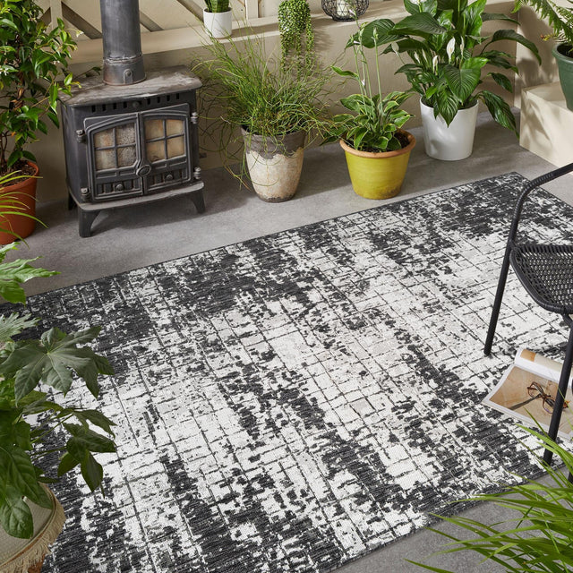Black and White 9' x 12' Outdoor Modern Rectangle Area Rug Weather Resistant for Patio, Deck, Terrace, Balcony, Porch 100% Polypropylene Modern Outside Carpet for Sale at Rug Engine