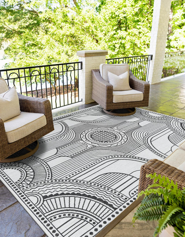 White and Black 7' 1 x 10' Outdoor Traditional Rectangle Area Rug Weather Resistant for Patio, Deck, Terrace, Balcony, Porch Classical Design Outside Carpet for Sale at Rug Engine