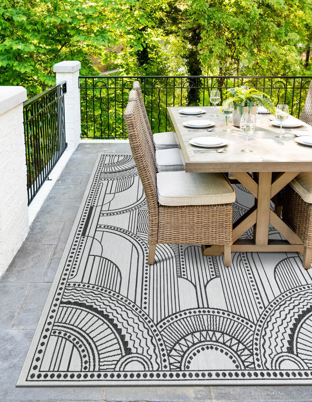 White and Black 9' x 12' Outdoor Traditional Rectangle Area Rug Weather Resistant for Patio, Deck, Terrace, Balcony, Porch Classical Design Outside Carpet for Sale at Rug Engine