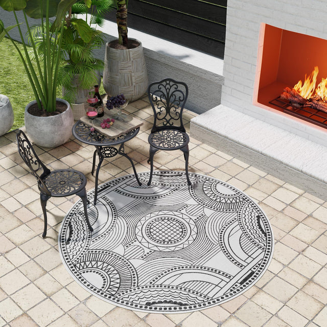 White and Black 3' 1 x 3' 1 Outdoor Traditional Round Area Rug Weather Resistant for Patio, Deck, Terrace, Balcony, Porch Classical Design Outside Carpet for Sale at Rug Engine
