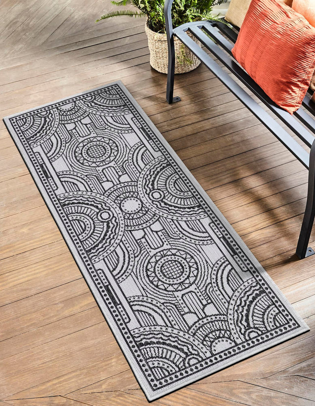 White and Black 2' 7 x 12' Outdoor Traditional Runner Area Rug Weather Resistant for Patio, Deck, Terrace, Balcony, Porch Classical Design Outside Carpet for Sale at Rug Engine