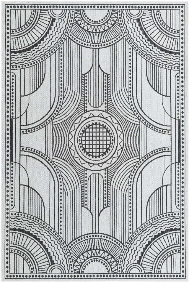 White and Black 6' 1 x 9' Outdoor Traditional Rectangle Area Rug Weather Resistant for Patio, Deck, Terrace, Balcony, Porch Classical Design Outside Carpet for Sale at Rug Engine