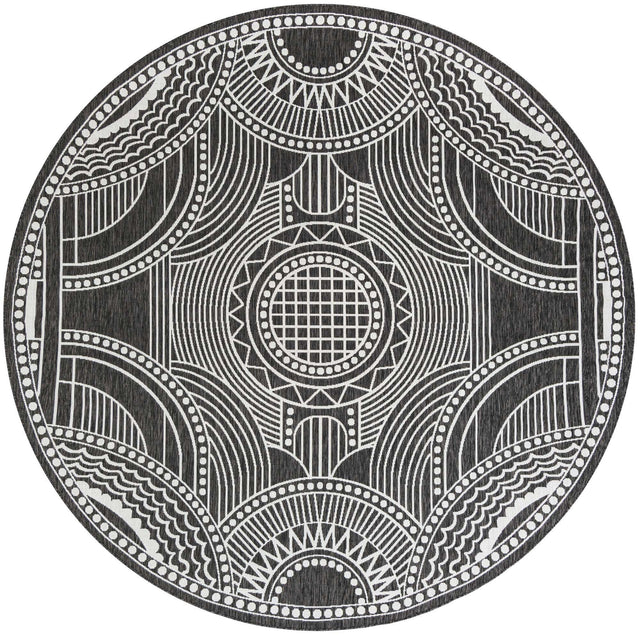Black and White 10' x 10' Outdoor Traditional Round Area Rug Weather Resistant for Patio, Deck, Terrace, Balcony, Porch Classical Design Outside Carpet for Sale at Rug Engine