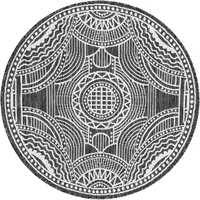 Black and White 3' 1 x 3' 1 Outdoor Traditional Round Area Rug Weather Resistant for Patio, Deck, Terrace, Balcony, Porch Classical Design Outside Carpet for Sale at Rug Engine