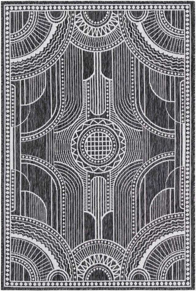 Black and White 4' 1 x 6' 1 Outdoor Traditional Rectangle Area Rug Weather Resistant for Patio, Deck, Terrace, Balcony, Porch Classical Design Outside Carpet for Sale at Rug Engine