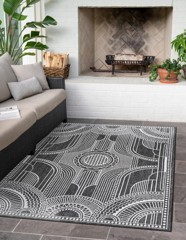 Black and White 7' 10 x 10' Outdoor Traditional Rectangle Area Rug Weather Resistant for Patio, Deck, Terrace, Balcony, Porch Classical Design Outside Carpet for Sale at Rug Engine