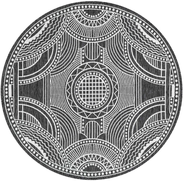 Black and White 6' 1 x 6' 1 Outdoor Traditional Round Area Rug Weather Resistant for Patio, Deck, Terrace, Balcony, Porch Classical Design Outside Carpet for Sale at Rug Engine