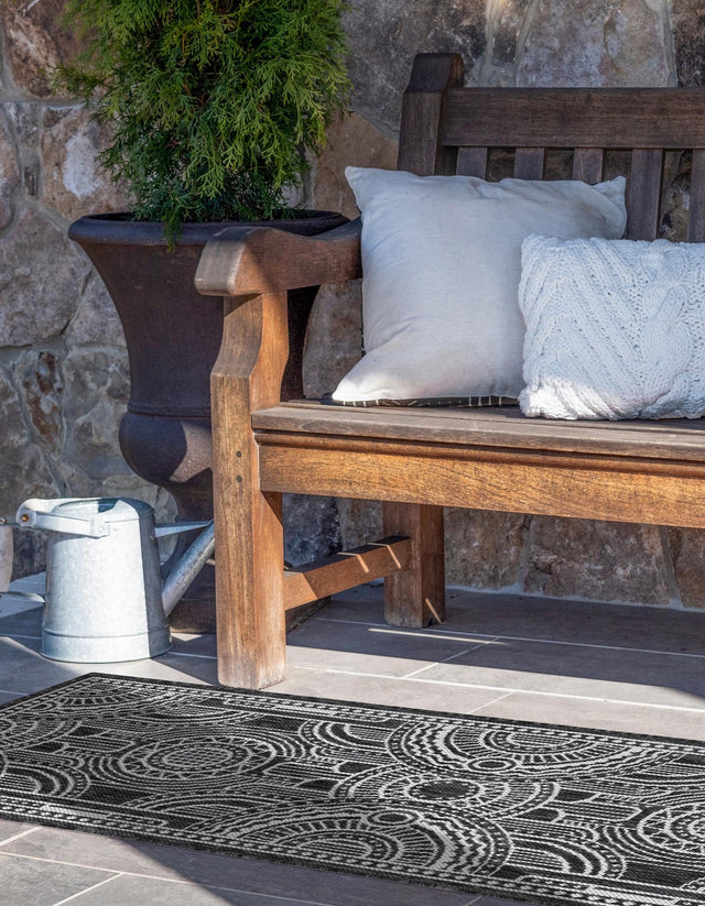 Black and White 2' x 6' 1 Outdoor Traditional Runner Area Rug Weather Resistant for Patio, Deck, Terrace, Balcony, Porch Classical Design Outside Carpet for Sale at Rug Engine