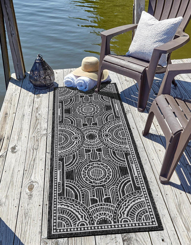 Black and White 2' x 8' Outdoor Traditional Runner Area Rug Weather Resistant for Patio, Deck, Terrace, Balcony, Porch Classical Design Outside Carpet for Sale at Rug Engine
