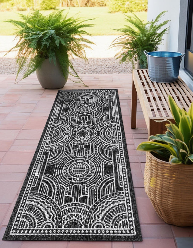 Black and White 2' x 6' 1 Outdoor Traditional Runner Area Rug Weather Resistant for Patio, Deck, Terrace, Balcony, Porch Classical Design Outside Carpet for Sale at Rug Engine