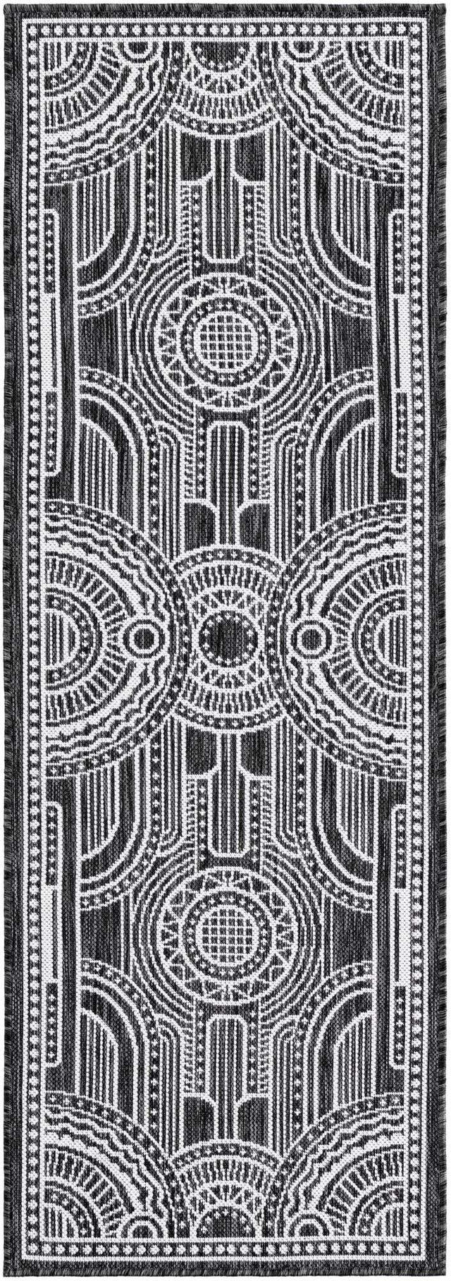 Black and White 2' x 6' 1 Outdoor Traditional Runner Area Rug Weather Resistant for Patio, Deck, Terrace, Balcony, Porch Classical Design Outside Carpet for Sale at Rug Engine