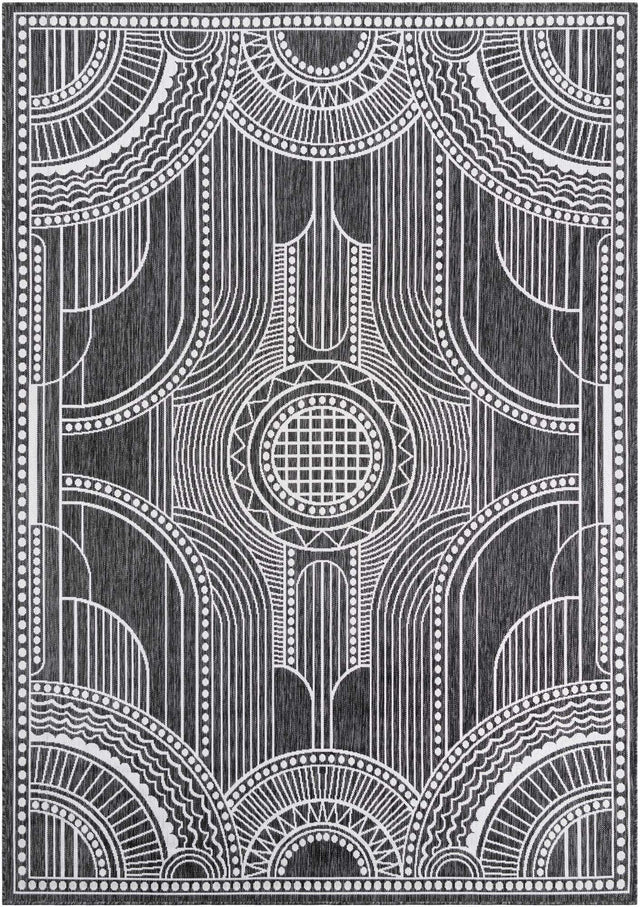 Black and White 7' 1 x 10' Outdoor Traditional Rectangle Area Rug Weather Resistant for Patio, Deck, Terrace, Balcony, Porch Classical Design Outside Carpet for Sale at Rug Engine