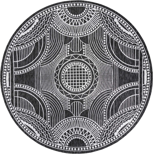 Black and White 7' 10 x 7' 10 Outdoor Traditional Round Area Rug Weather Resistant for Patio, Deck, Terrace, Balcony, Porch Classical Design Outside Carpet for Sale at Rug Engine