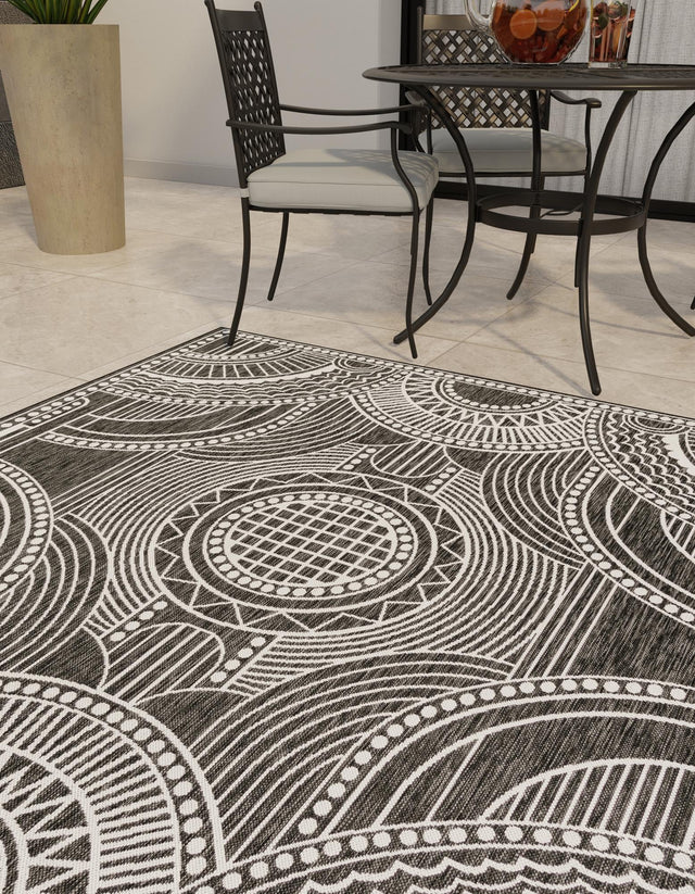 Black and White 7' 10 x 7' 10 Outdoor Traditional Square Area Rug Weather Resistant for Patio, Deck, Terrace, Balcony, Porch Classical Design Outside Carpet for Sale at Rug Engine