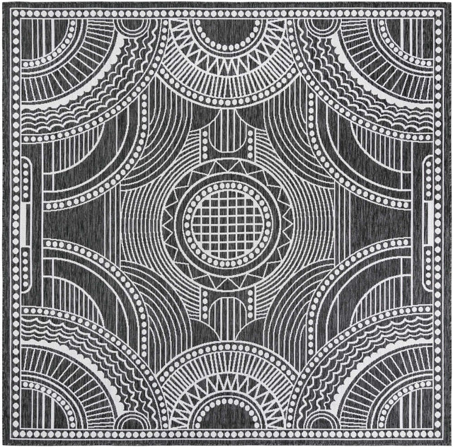 Black and White 7' 10 x 7' 10 Outdoor Traditional Square Area Rug Weather Resistant for Patio, Deck, Terrace, Balcony, Porch Classical Design Outside Carpet for Sale at Rug Engine